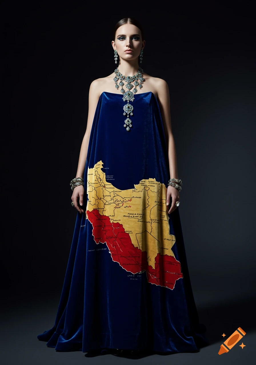 A model in a blue velvet strapless dress with a map of Iran design, elaborate silver and blue jewelry, on a dark background.