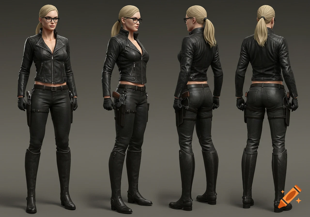 Photorealistic character reference sheet of a woman in a black leather jacket, pants, and boots with holstered guns, seen from four angles.