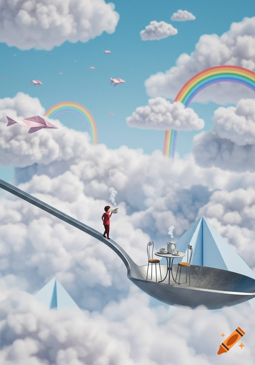 A tiny person on a giant spoon floats above a sea of fluffy clouds, with rainbows and paper airplanes in the blue sky.