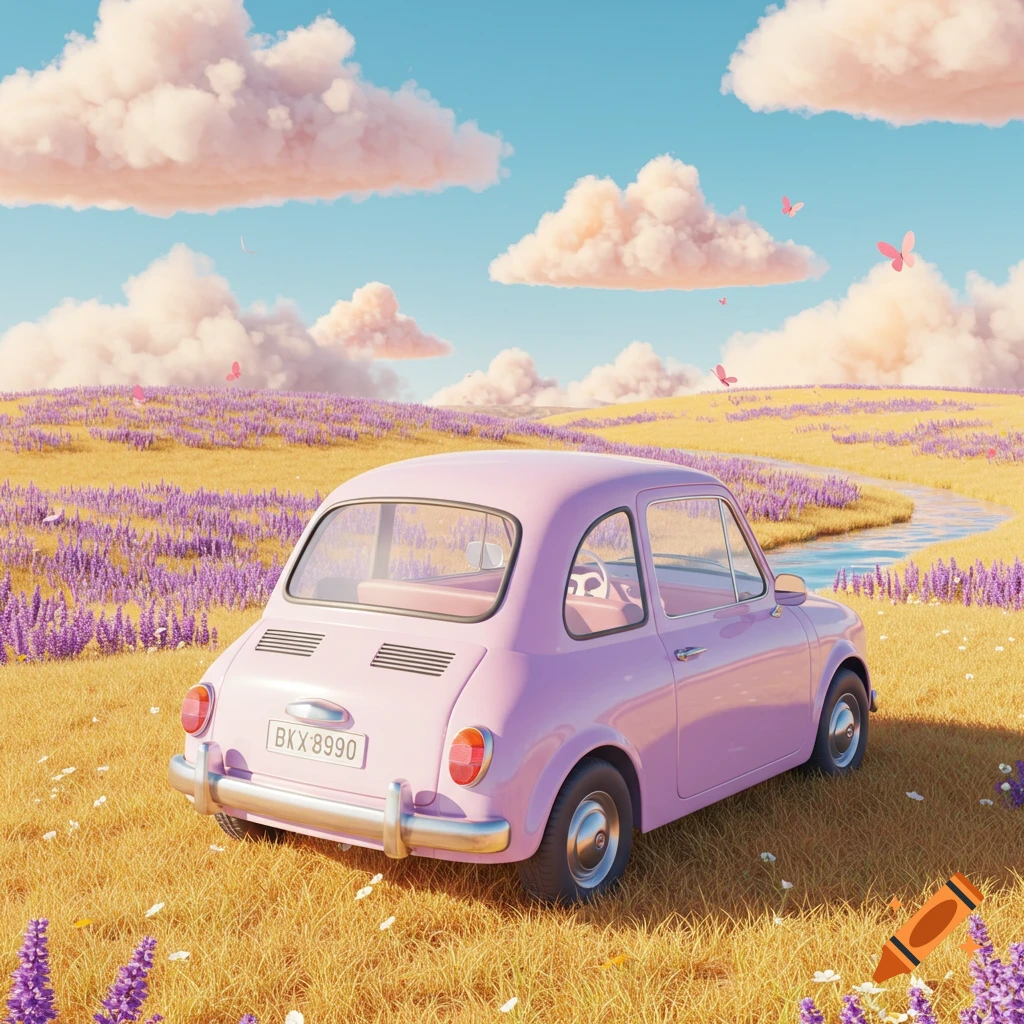 A cute pink car parked in a field of yellow grass and purple flowers under a blue sky with fluffy pink clouds and butterflies, in a 3D render style.