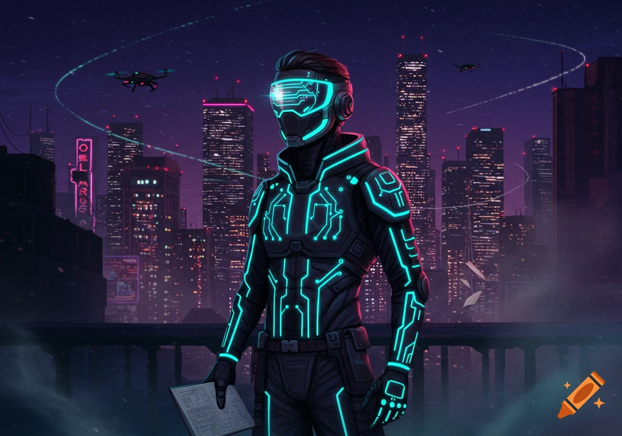 A cyberpunk figure in a black suit with glowing blue circuitry stands in a futuristic city at night, with neon lights and drones.