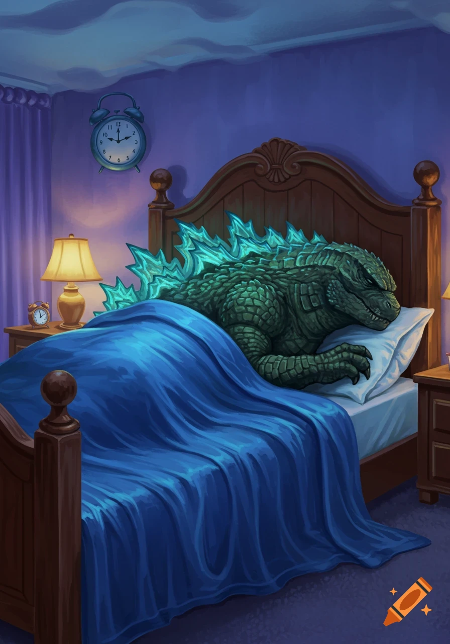 Illustrated Godzilla monster sleeping soundly in a cozy bed with a blue blanket in a dark room.
