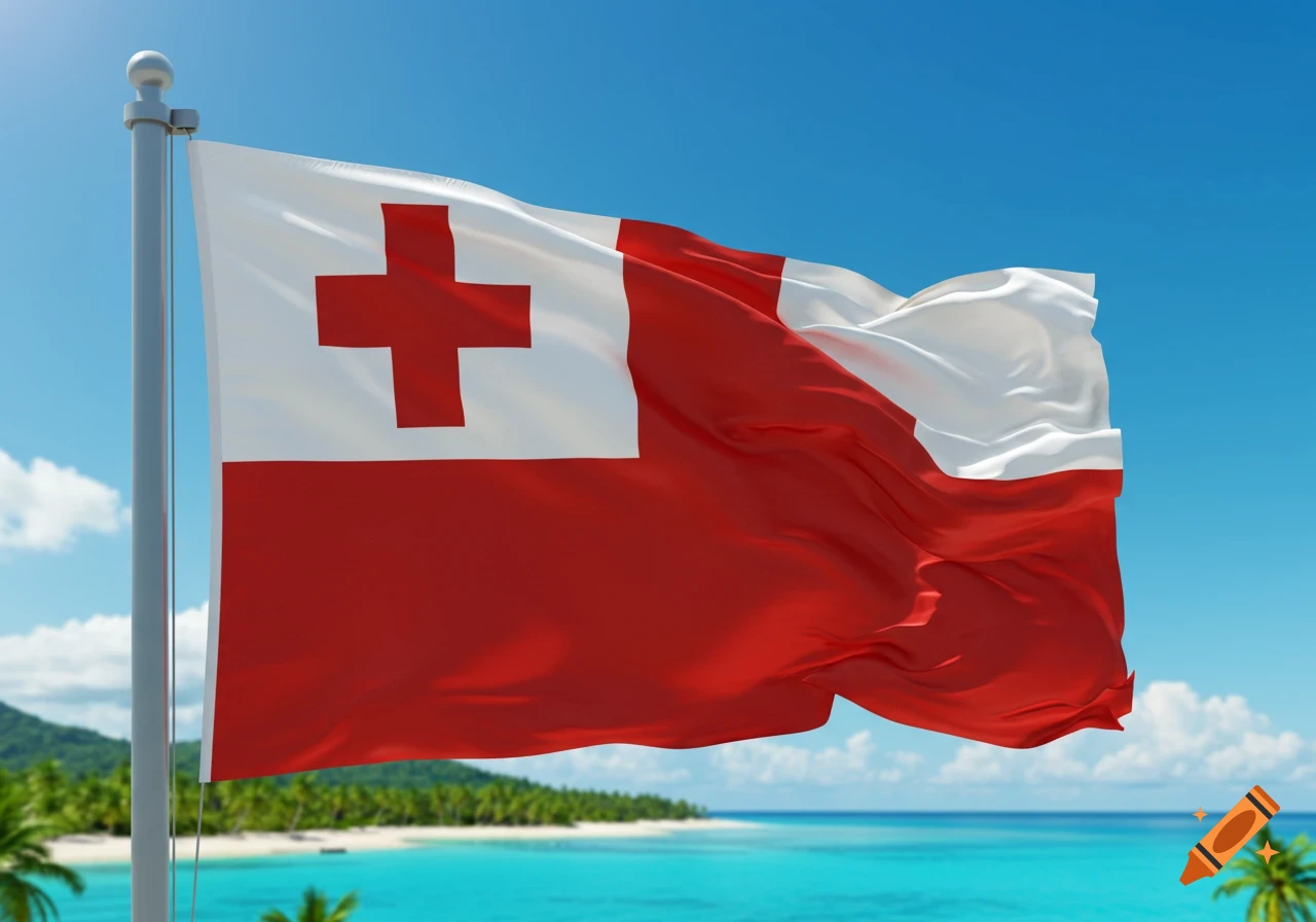 Tonga flag flying on a flagpole over a tropical beach with blue ocean and palm trees under a clear sky