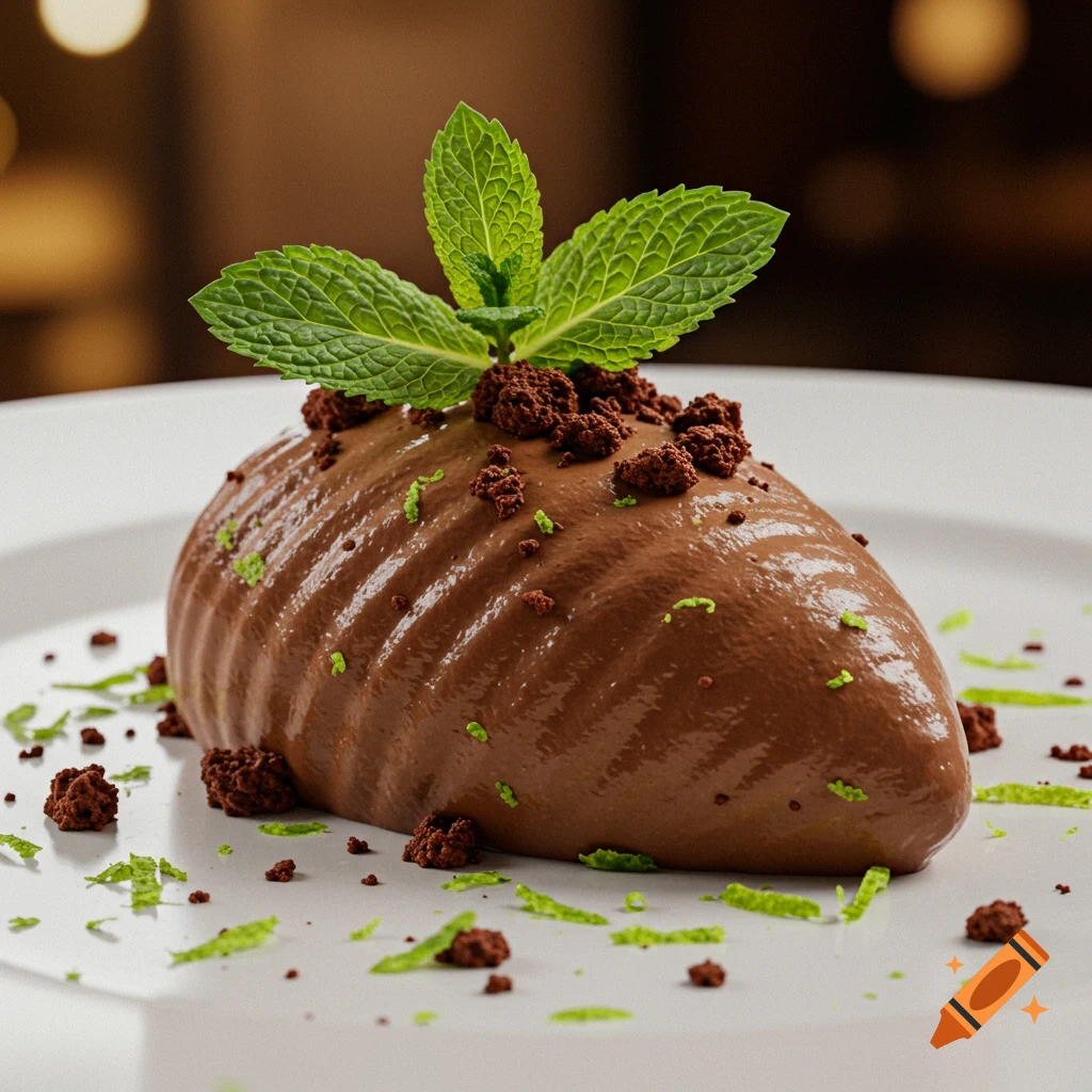 Photorealistic close-up of a chocolate mousse dessert with mint leaves, brownie crumbs, and lime zest on a white plate.