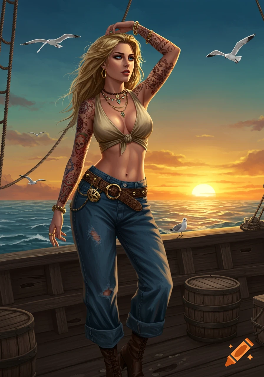 A blonde, tattooed female pirate in a tied crop top and ripped jeans stands on a ship deck at sunset. Digital art.