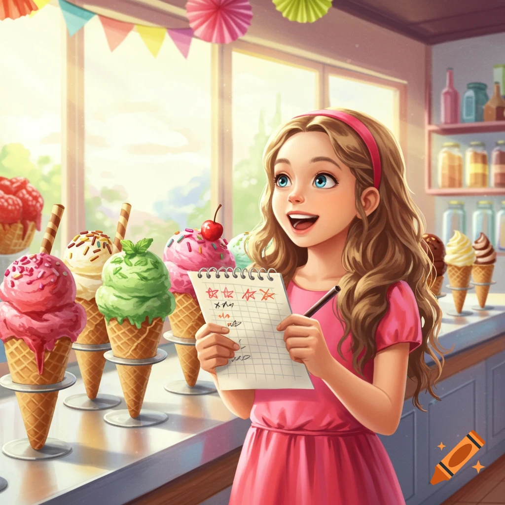 A smiling cartoon girl in an ice cream shop holds a notepad with star ratings, surrounded by colorful ice cream cones.