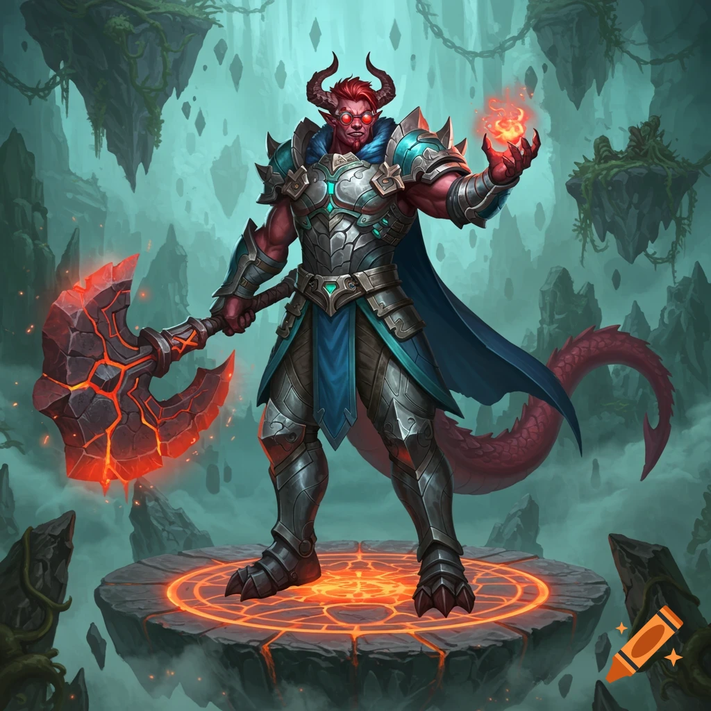 A red-skinned fantasy warrior with horns and a tail, wearing silver and teal armor, holds a glowing axe and magic on a mystical platform.