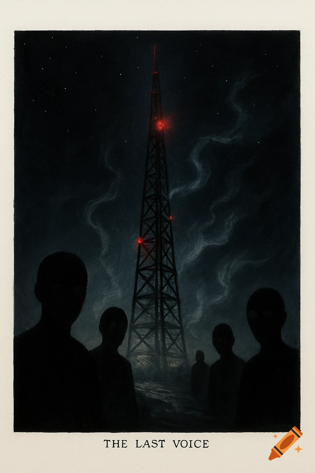 A dark, eerie illustration of silhouetted figures with no mouths looking up at a tall broadcasting tower with red lights under a starry night sky. The title 'THE LAST VOICE' is at the bottom.