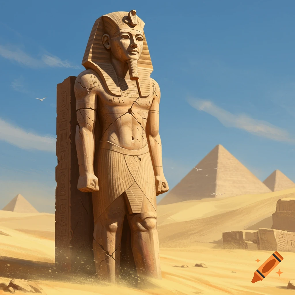 A towering stone statue of an Egyptian pharaoh stands in a sun-drenched desert with ancient pyramids in the background.