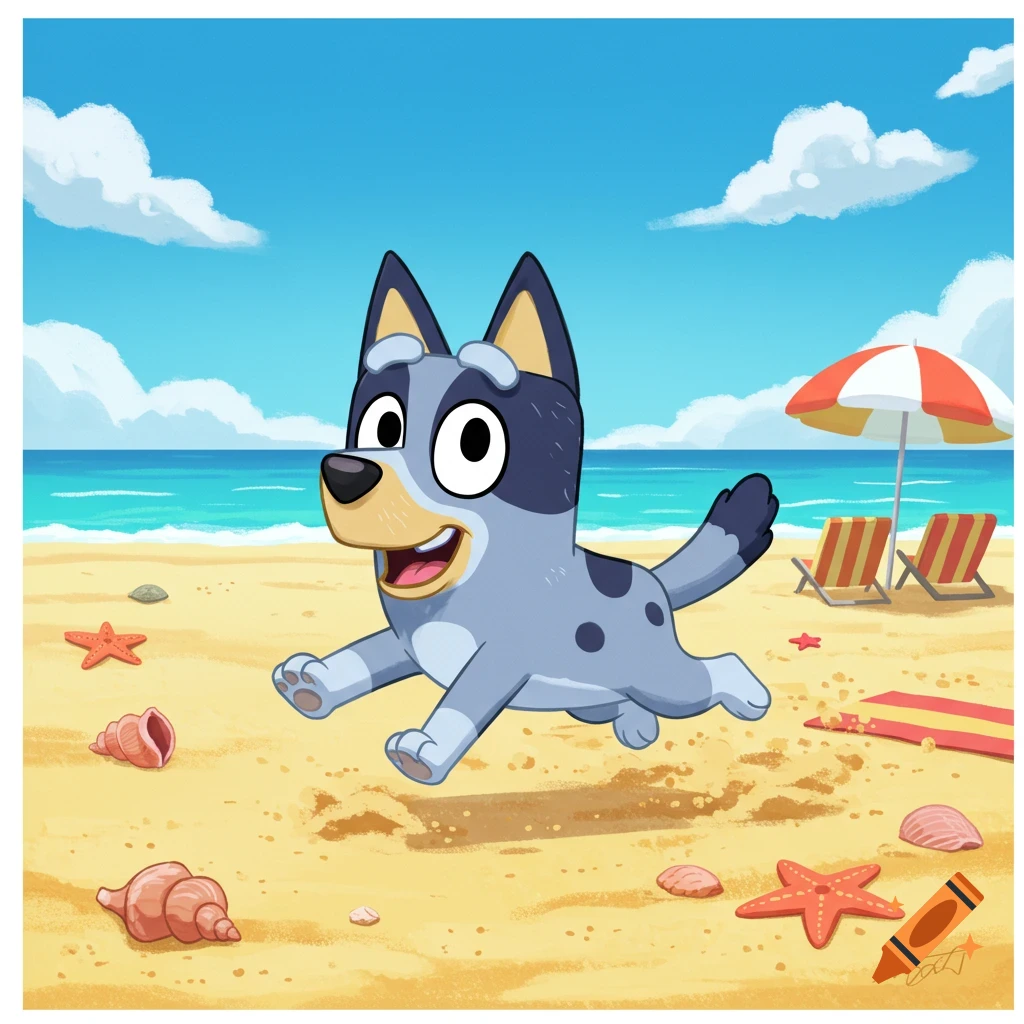 Cartoon Bluey, a blue heeler dog, hops across a sunny beach with the ocean, an umbrella, and beach chairs in the background.