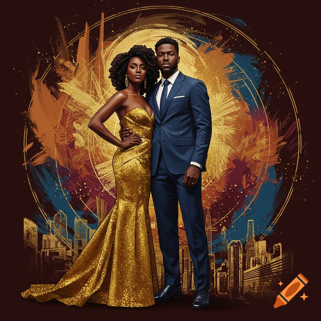 A Black couple in formal attire stands against a gold and dark abstract background with city silhouettes.