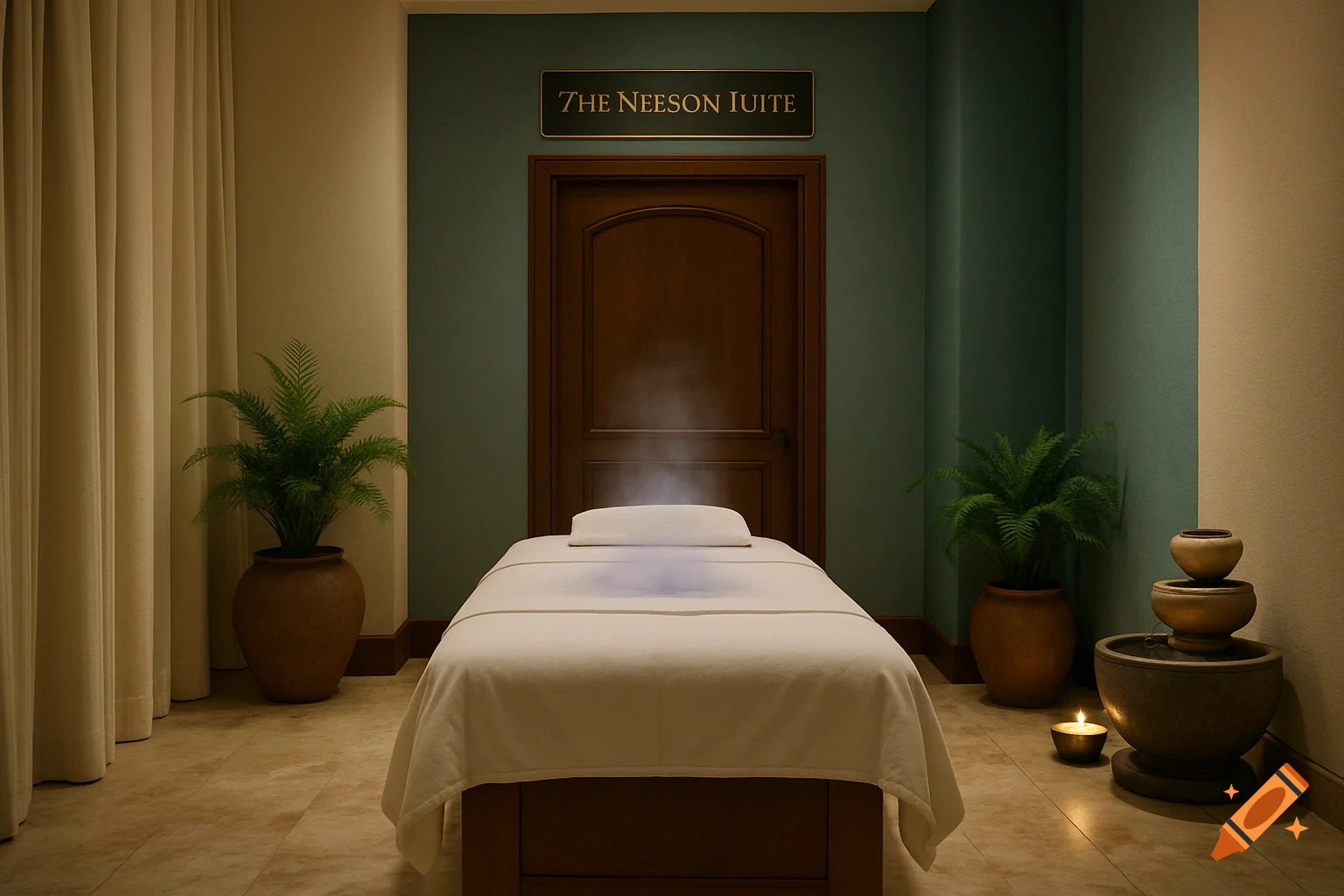 A tranquil spa treatment room with a bed, potted plants, a water feature, and a sign above a door.