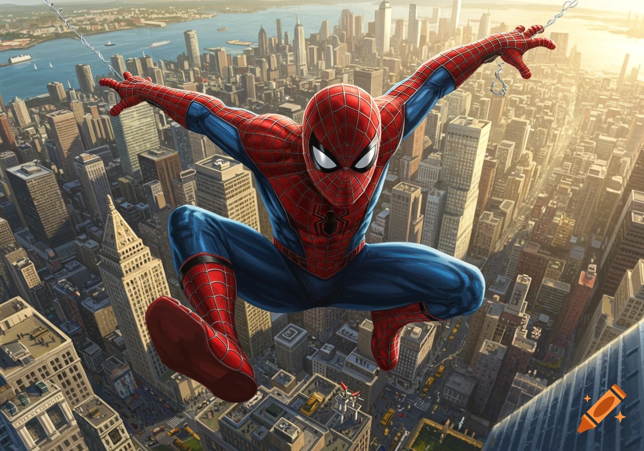 Spider-Man swings above a bustling city skyline at sunset, rendered in a detailed comic art style.