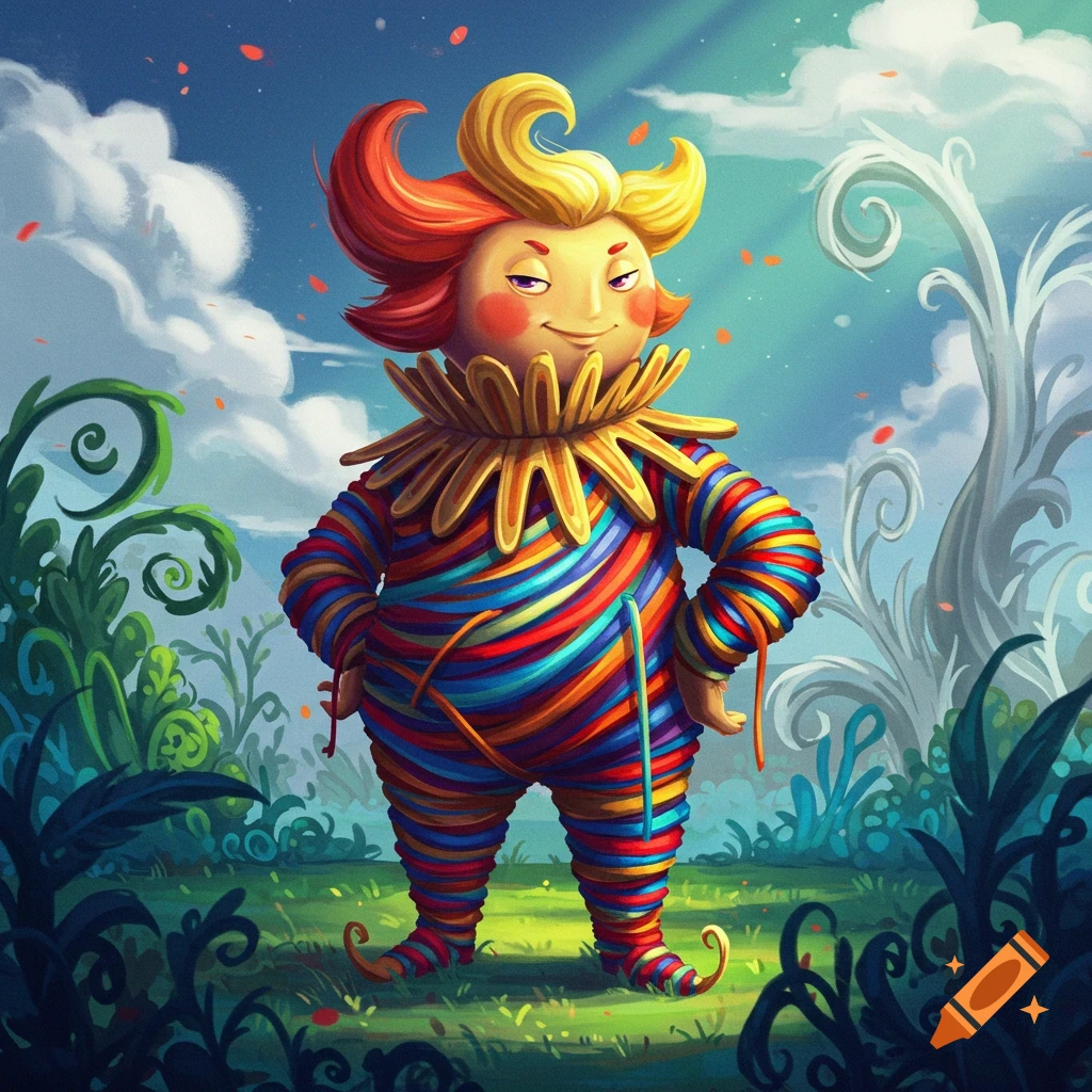 A whimsical, colorful character made of yarn stands in a vibrant, fantastical landscape.