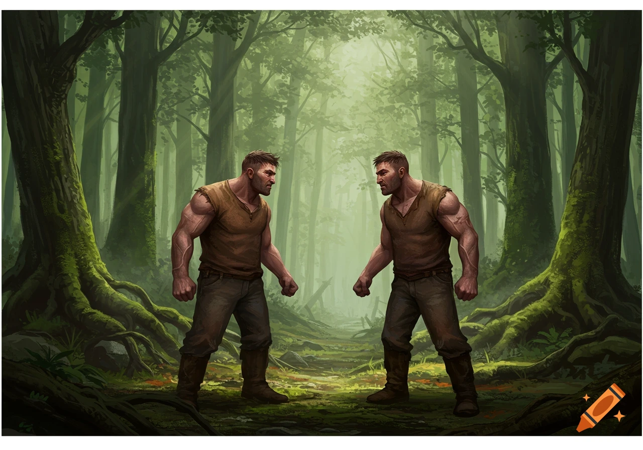 Two muscular men with short hair confront each other in a mystical, lush green forest with thick trees and roots, digital art.