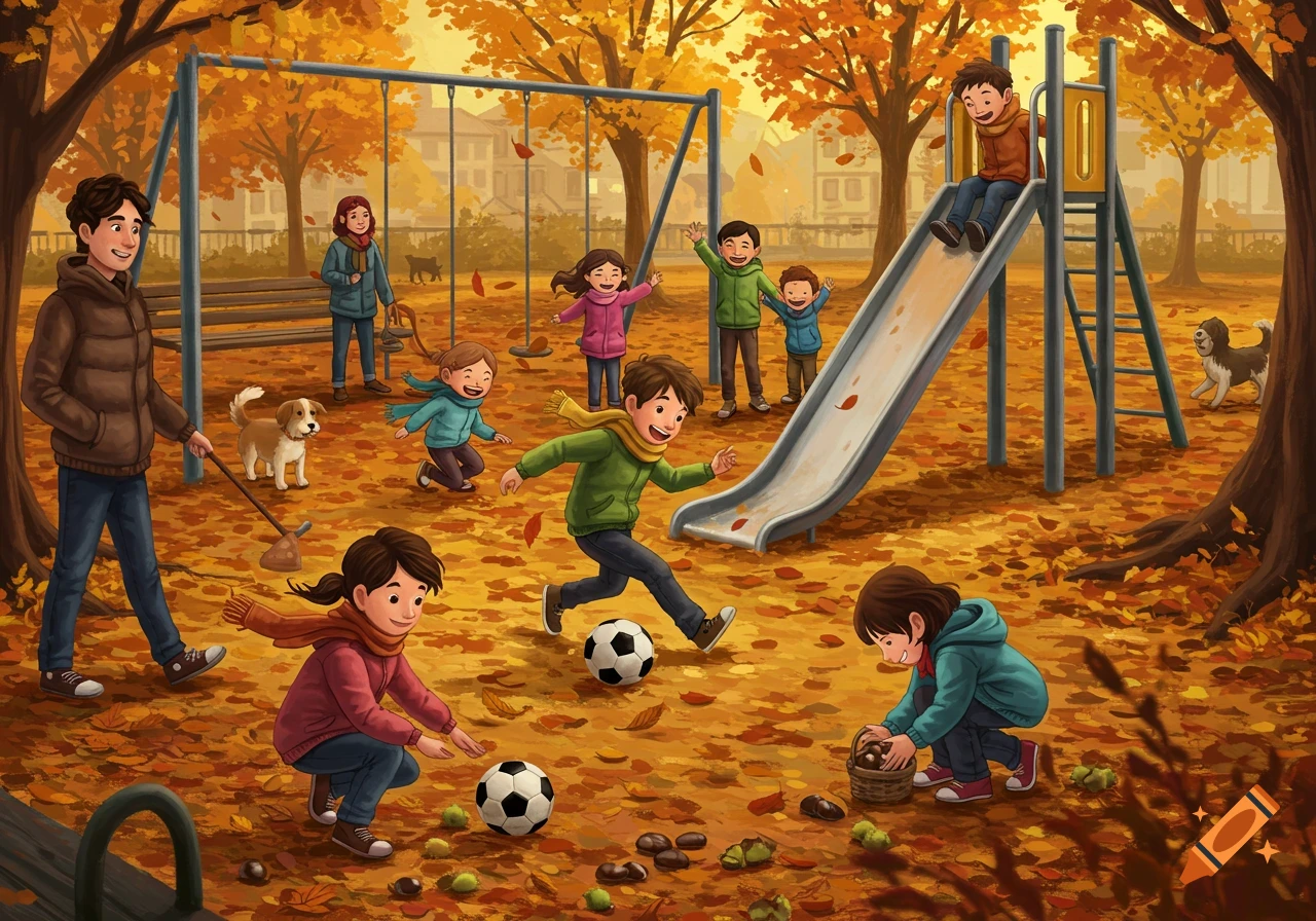 Illustrated scene of children, an adult, and dogs playing in an autumn park with orange leaves on the ground.