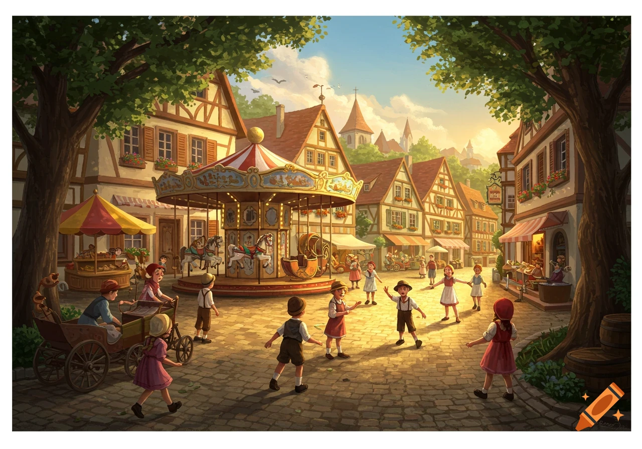 Illustration of children playing in a lively European village square with a carousel and timber-framed buildings.