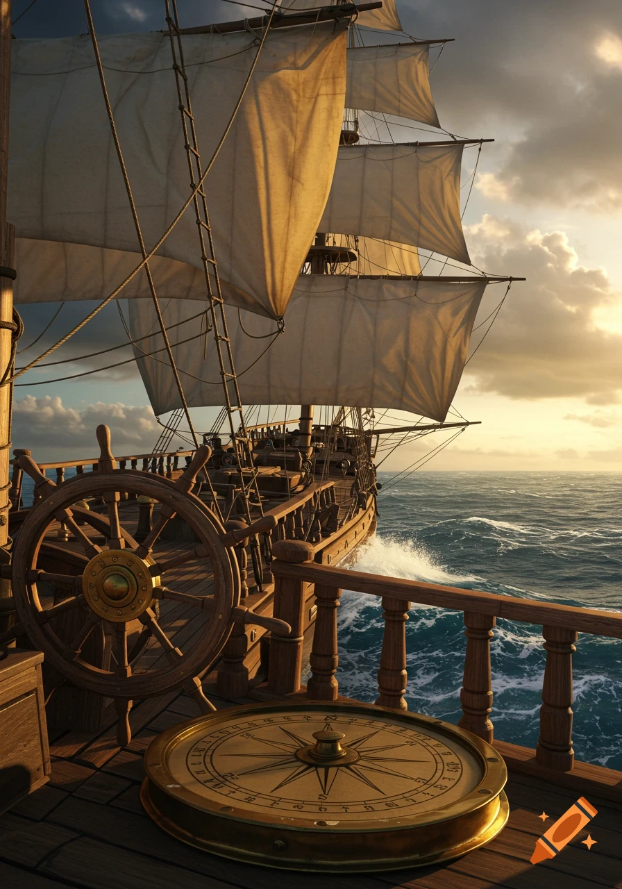 Photorealistic image of a vintage sailing ship on the open ocean at sunset, a compass and ship's wheel on deck.