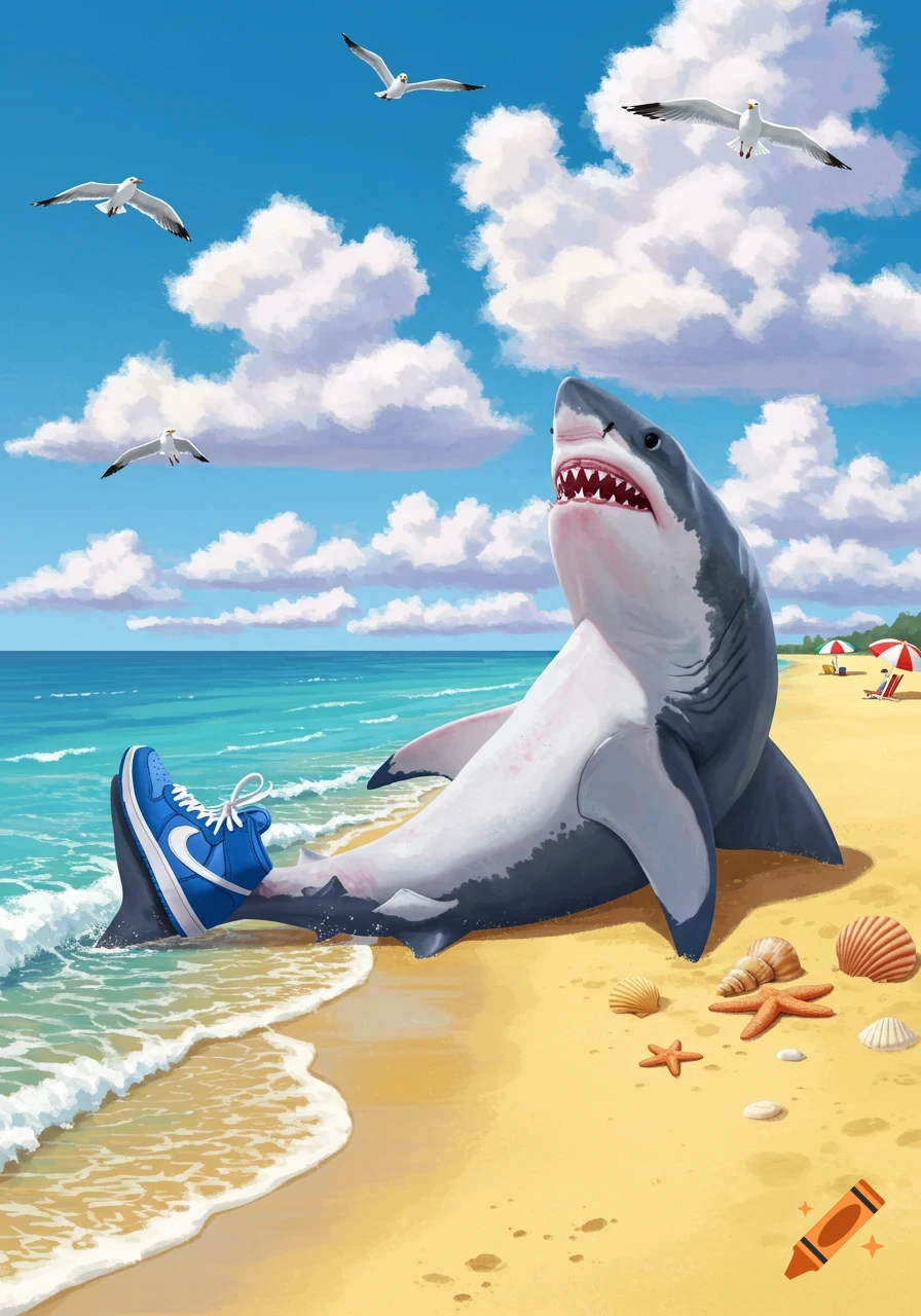 Cartoon great white shark wearing blue Nike sneakers, lounging on a sandy beach with ocean waves, seashells, seagulls, and clouds.