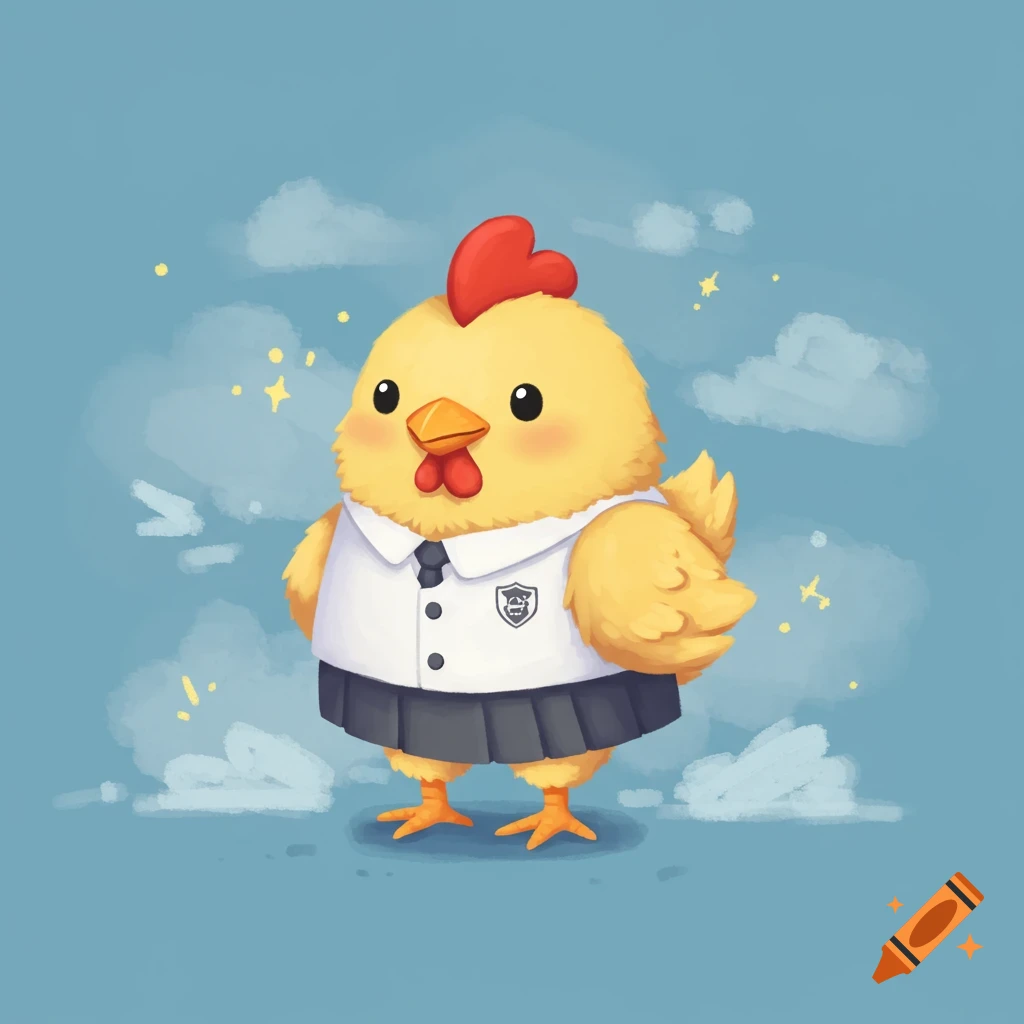 A cute yellow cartoon chicken with a red comb, wearing a white school shirt, tie, and dark skirt against a blue sky with clouds.