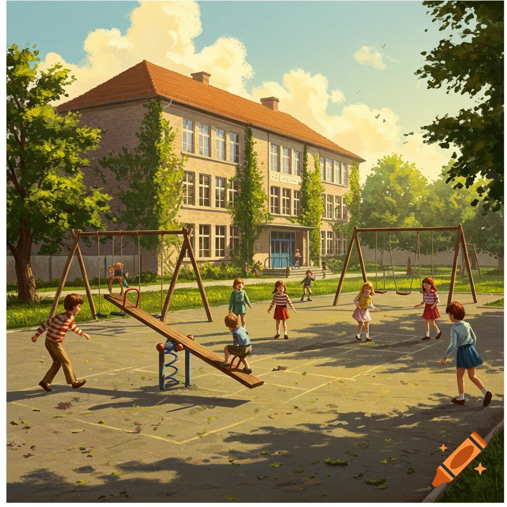 Children play on a seesaw and swings in a sunny school playground before a brick school building in an illustration.