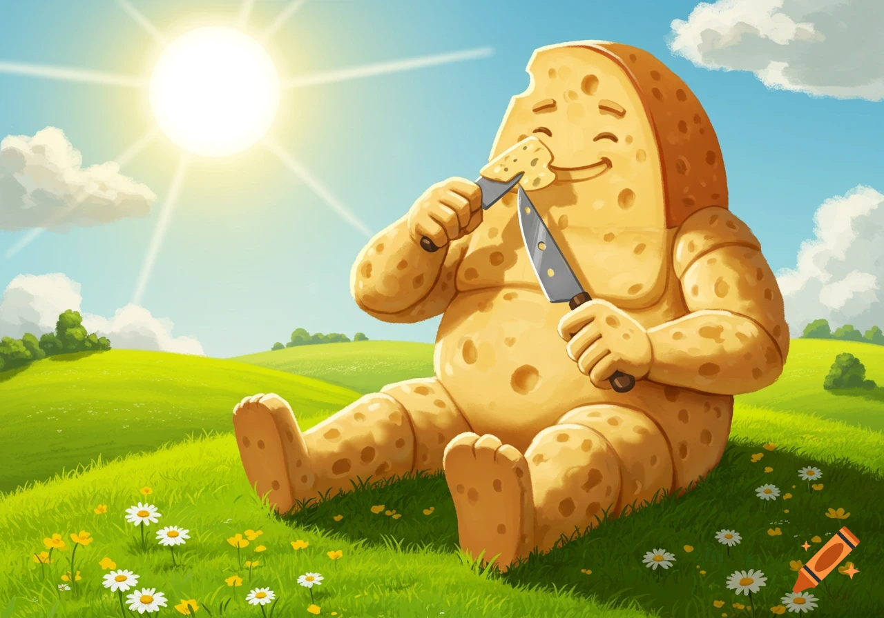 A cartoon cheese man sits in a sunny green field with daisies, happily eating a piece of cheese with two knives.