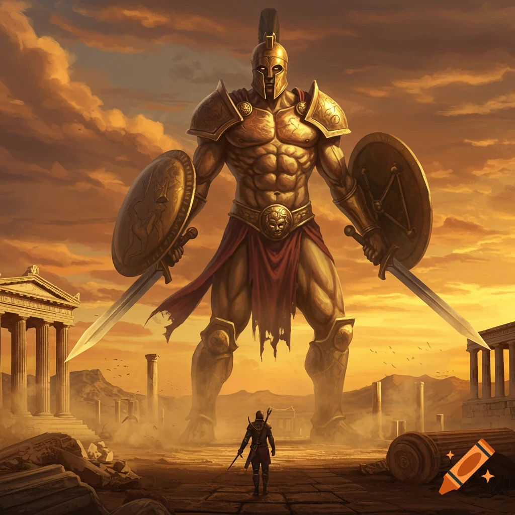 A colossal golden Spartan warrior holding swords and shields stands over a small human in a desolate landscape with ancient Greek ruins at sunset.