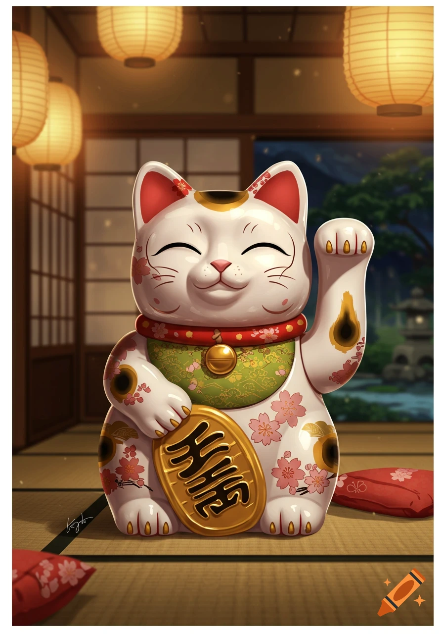 A white Maneki-neko with pink cherry blossom patterns and gold spots, wearing a red collar, holds a gold coin in a traditional Japanese room with illuminated paper lanterns.