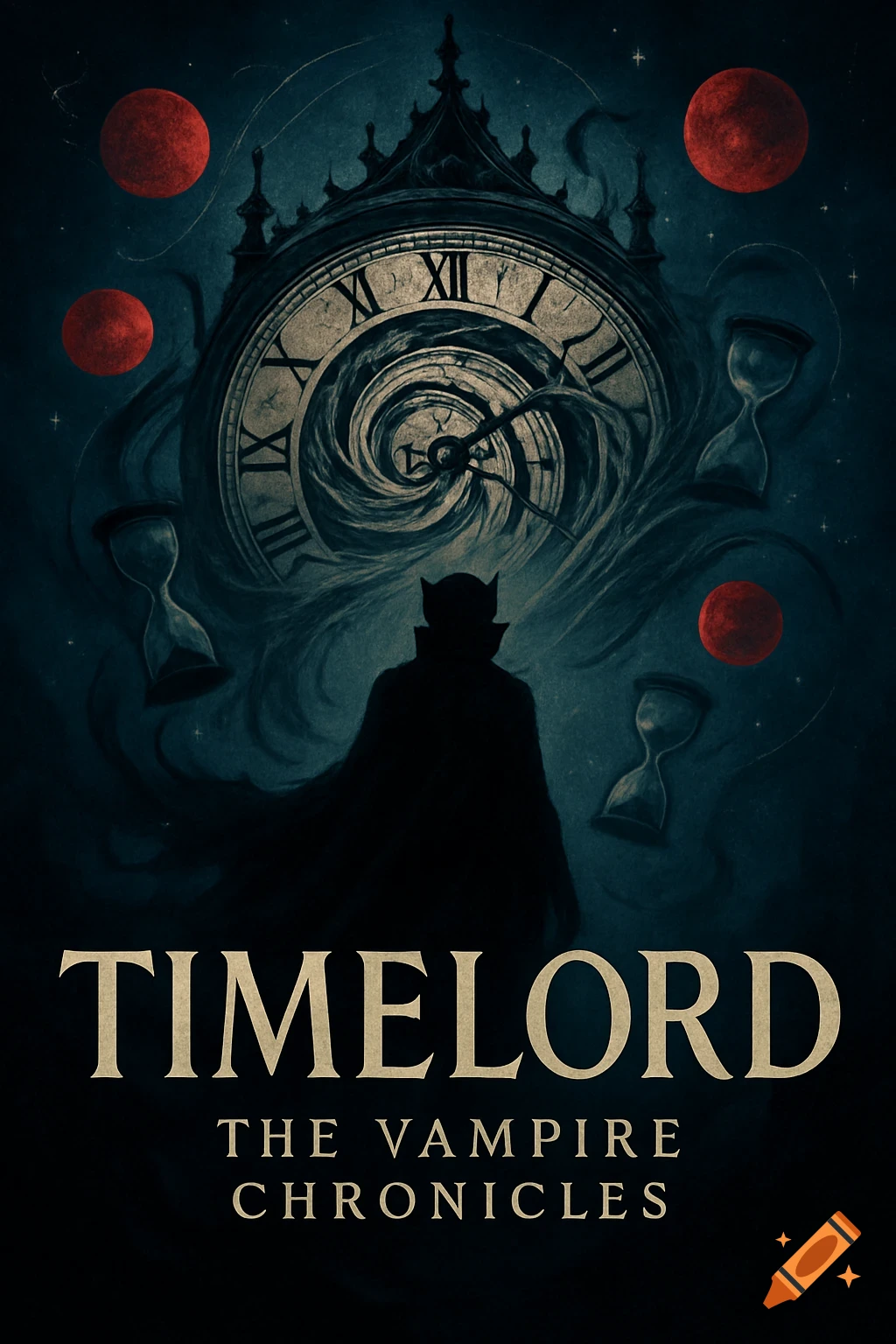 A dark, gothic book cover features a silhouetted figure in a cape, an ornate clock face, hourglasses, and red moons, with text 'TIMELORD THE VAMPIRE CHRONICLES'.