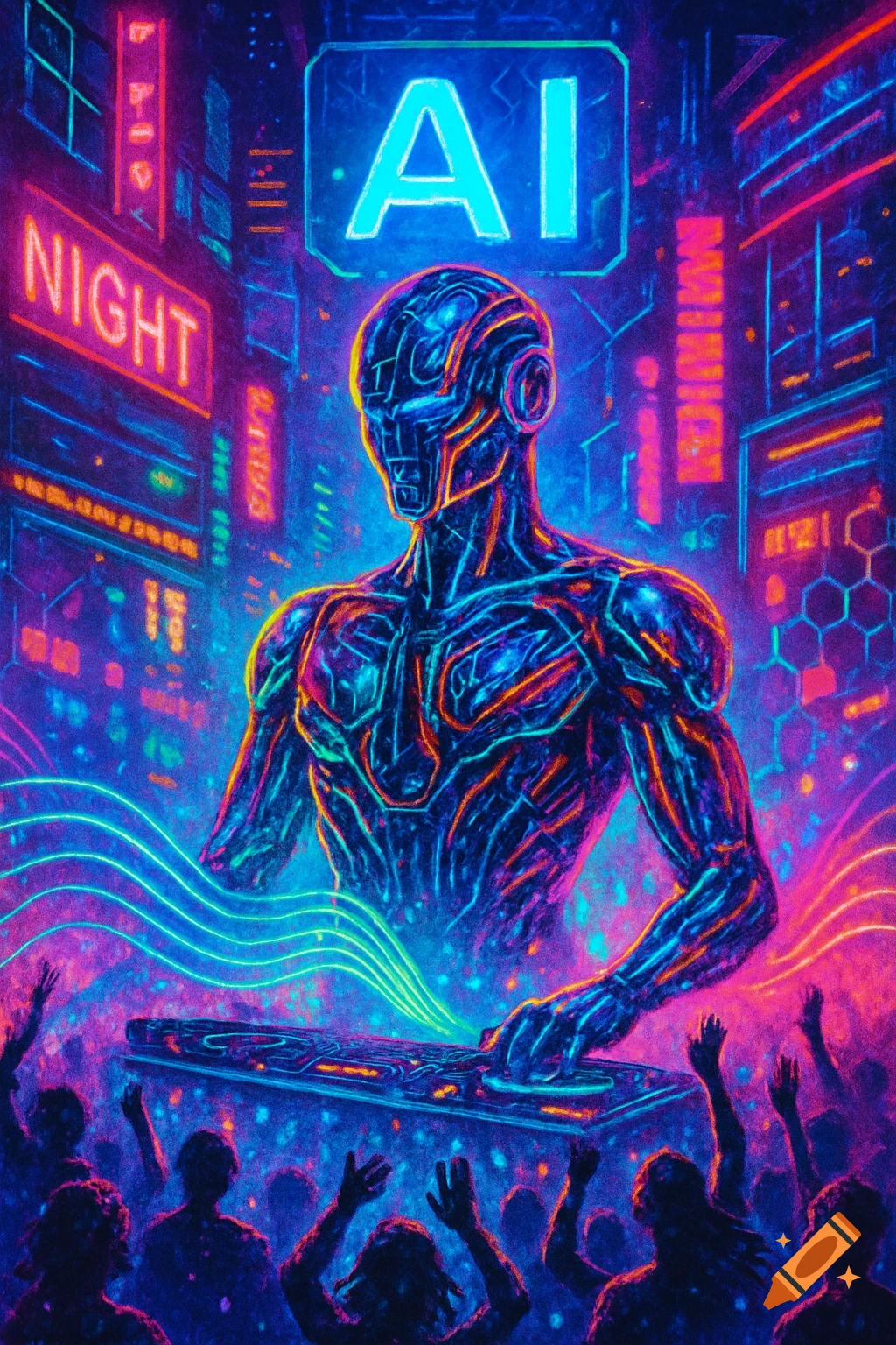 A cyberpunk robot DJ plays music for a dancing crowd in a vibrant, neon-lit futuristic club, with 'AI' and 'NIGHT' signs visible.