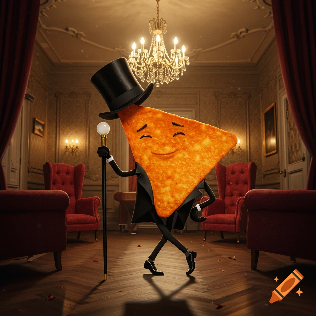 A smiling, anthropomorphic Dorito chip wearing a top hat and tuxedo, holding a cane, posing in a luxurious ballroom.