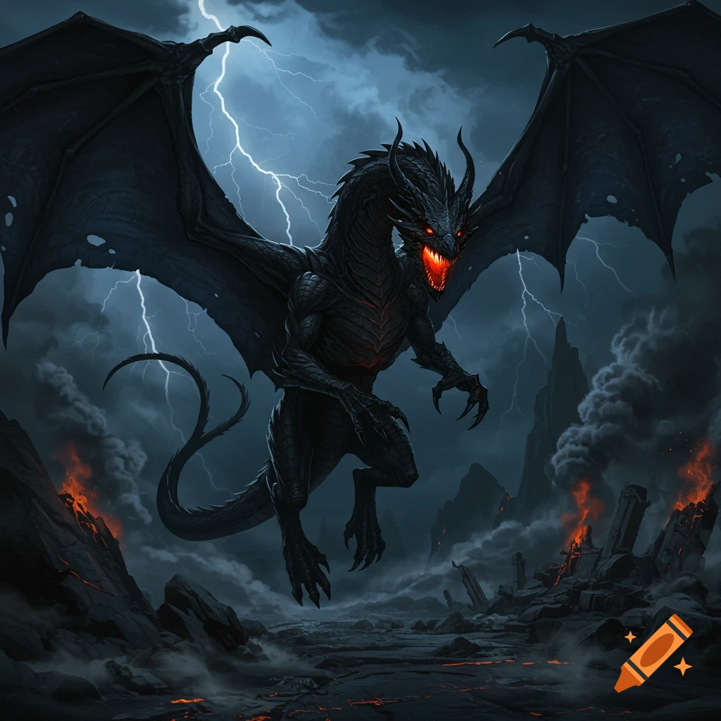 A menacing black dragon with glowing red eyes flies through a stormy sky with lightning over a volcanic, dark landscape.
