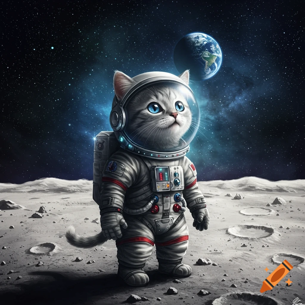 A cute grey tabby cat astronaut stands on the moon, looking at Earth in the starry space.