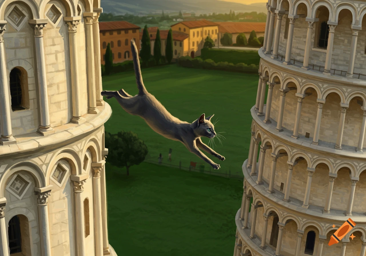 A grey cat leaps gracefully between the two segments of the Leaning Tower of Pisa, set against a green landscape at sunset.