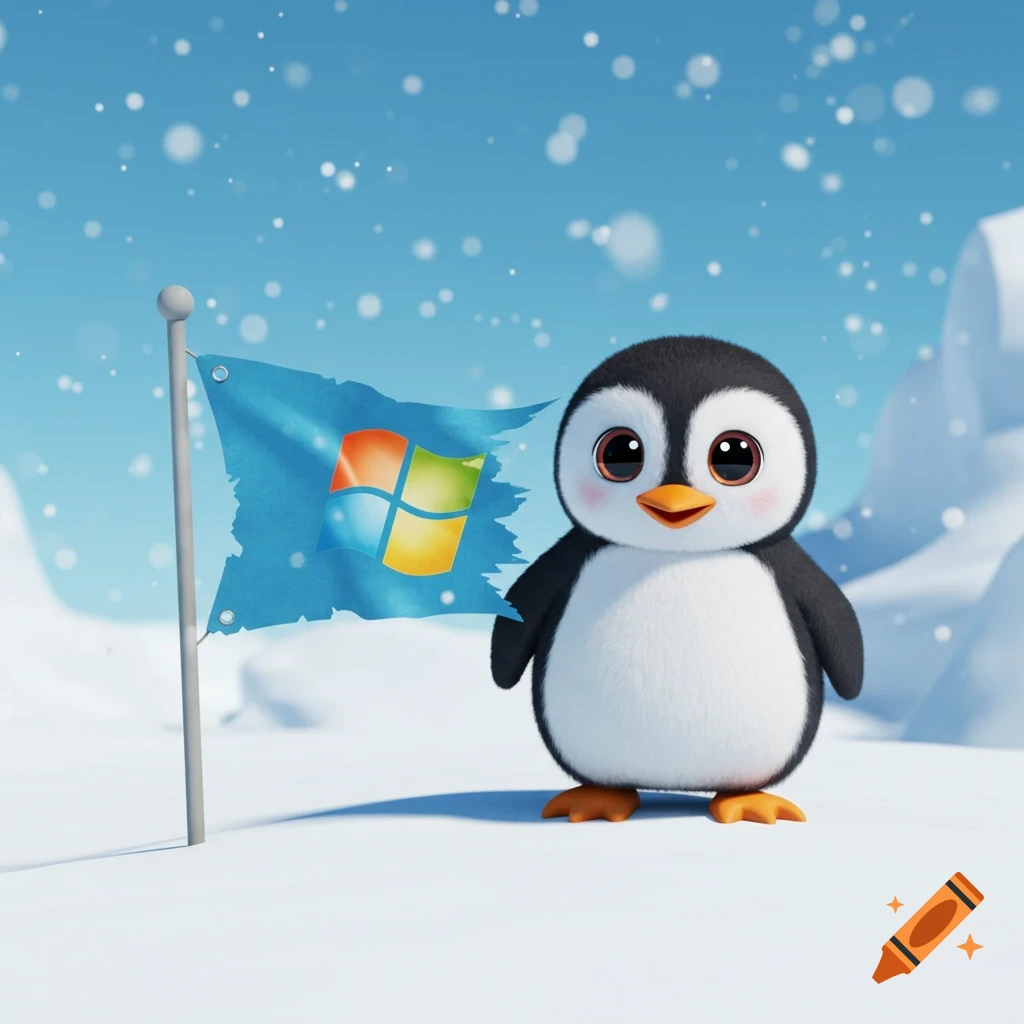A cute cartoon penguin stands in a snowy landscape next to a flagpole flying a tattered blue flag with the Windows logo.