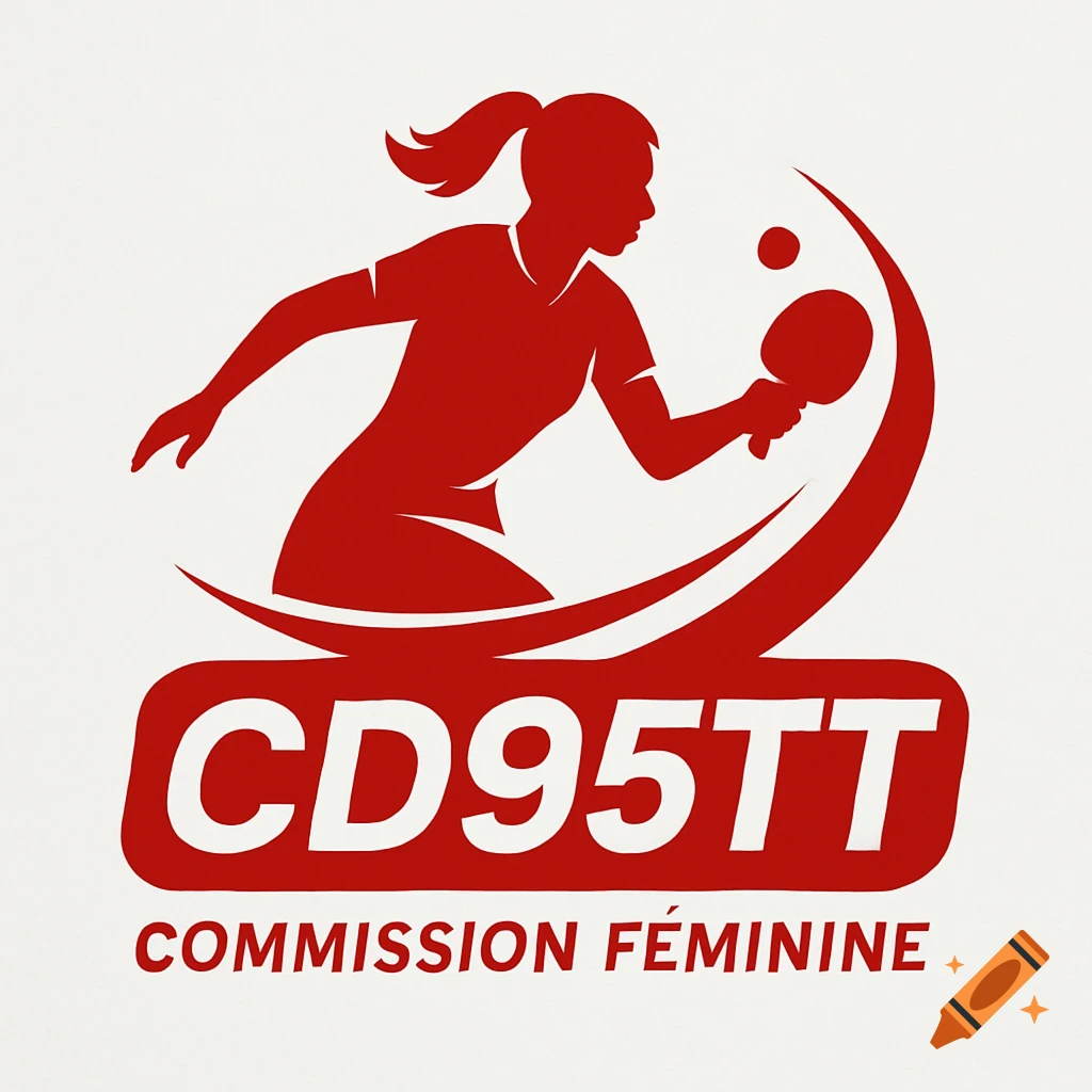 Red silhouette logo of a female table tennis player with a paddle and ball, above "CD95TT" and "COMMISSION F ININE".