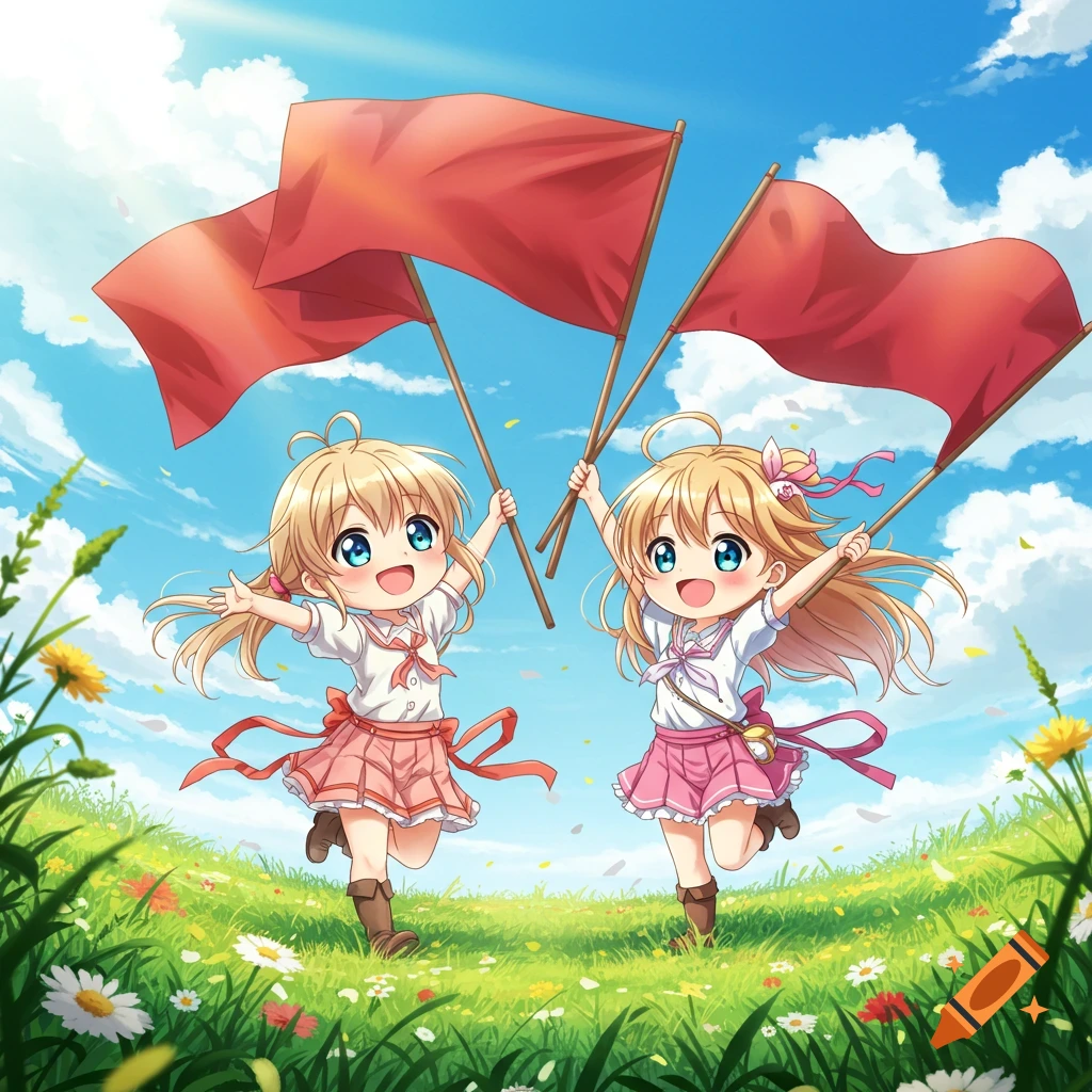 Two cheerful anime girls with blonde hair run through a sunny, grassy field, each happily holding a large red flag.