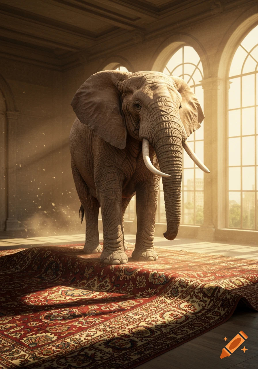 A large elephant stands on a patterned red rug in a grand, sunlit room with tall arched windows.