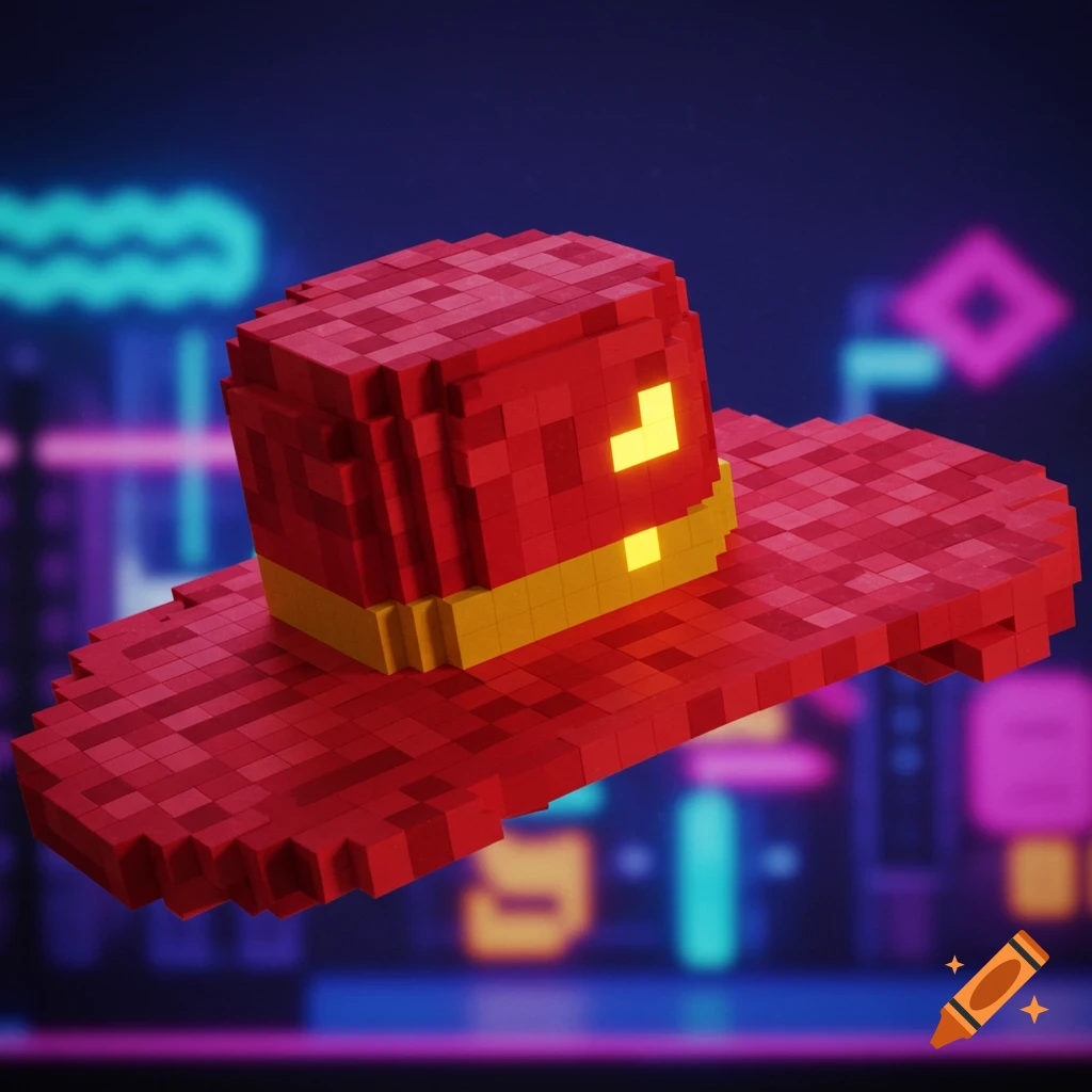A red pixelated hat with a yellow band and glowing yellow shapes on a blurry neon background.
