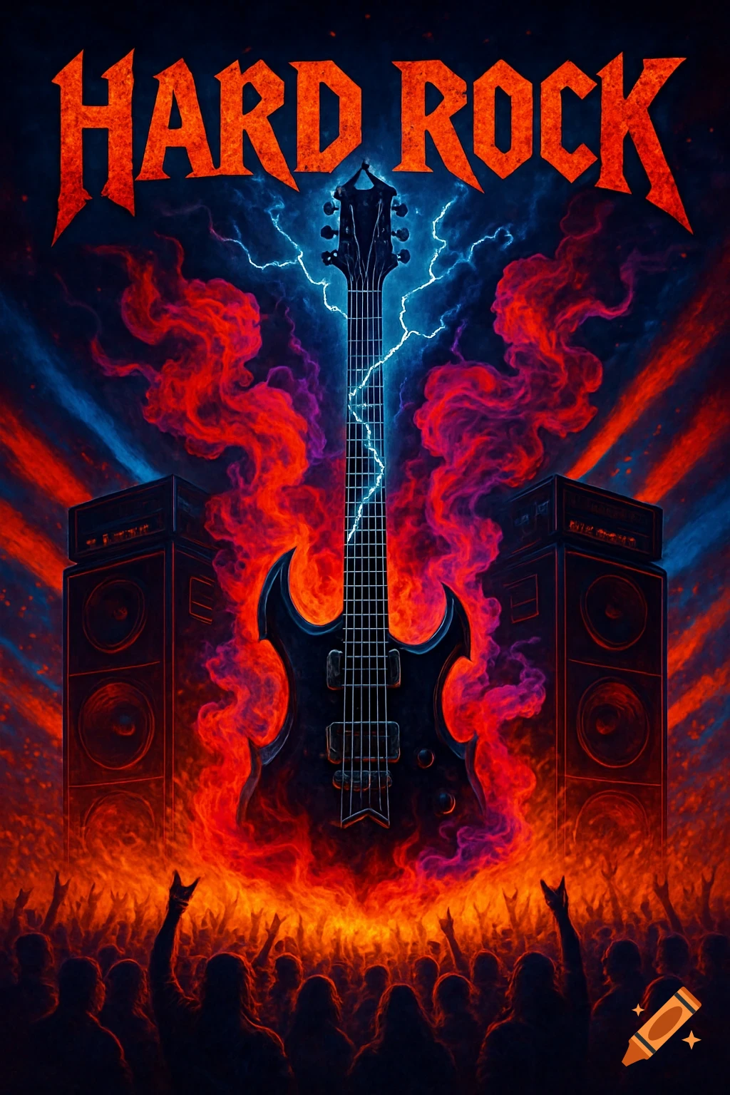 A vibrant hard rock concert poster featuring a flaming electric guitar, lightning, huge amps, and a cheering crowd, with "HARD ROCK" text.