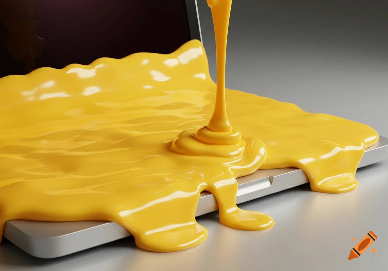 A realistic image of a silver MacBook laptop being covered in a thick stream of yellow nacho cheese.
