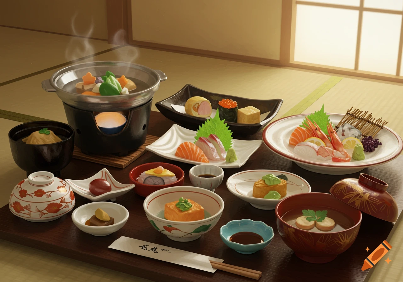Detailed illustration of a traditional Japanese ryokan meal with sashimi, hot pot, soup, and various side dishes.