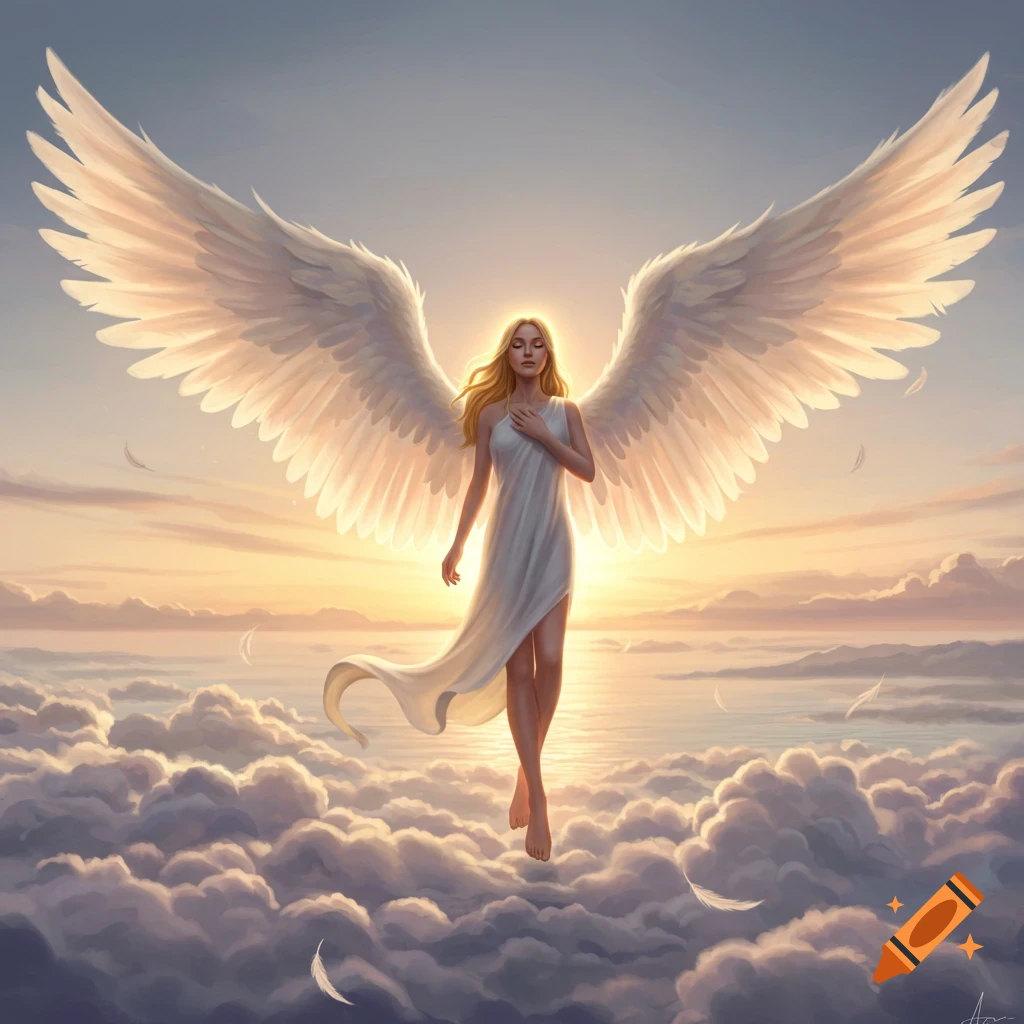 A radiant blonde angel in a white dress floats above clouds with large white wings at sunset.