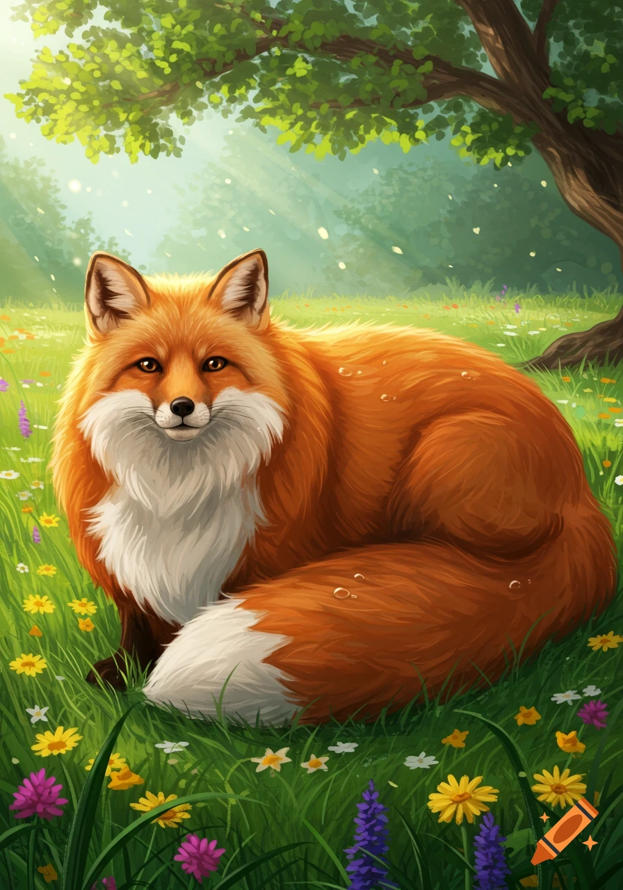 A fluffy orange fox with white markings sits in a vibrant green meadow filled with colorful wildflowers and tall trees in a digital painting style.