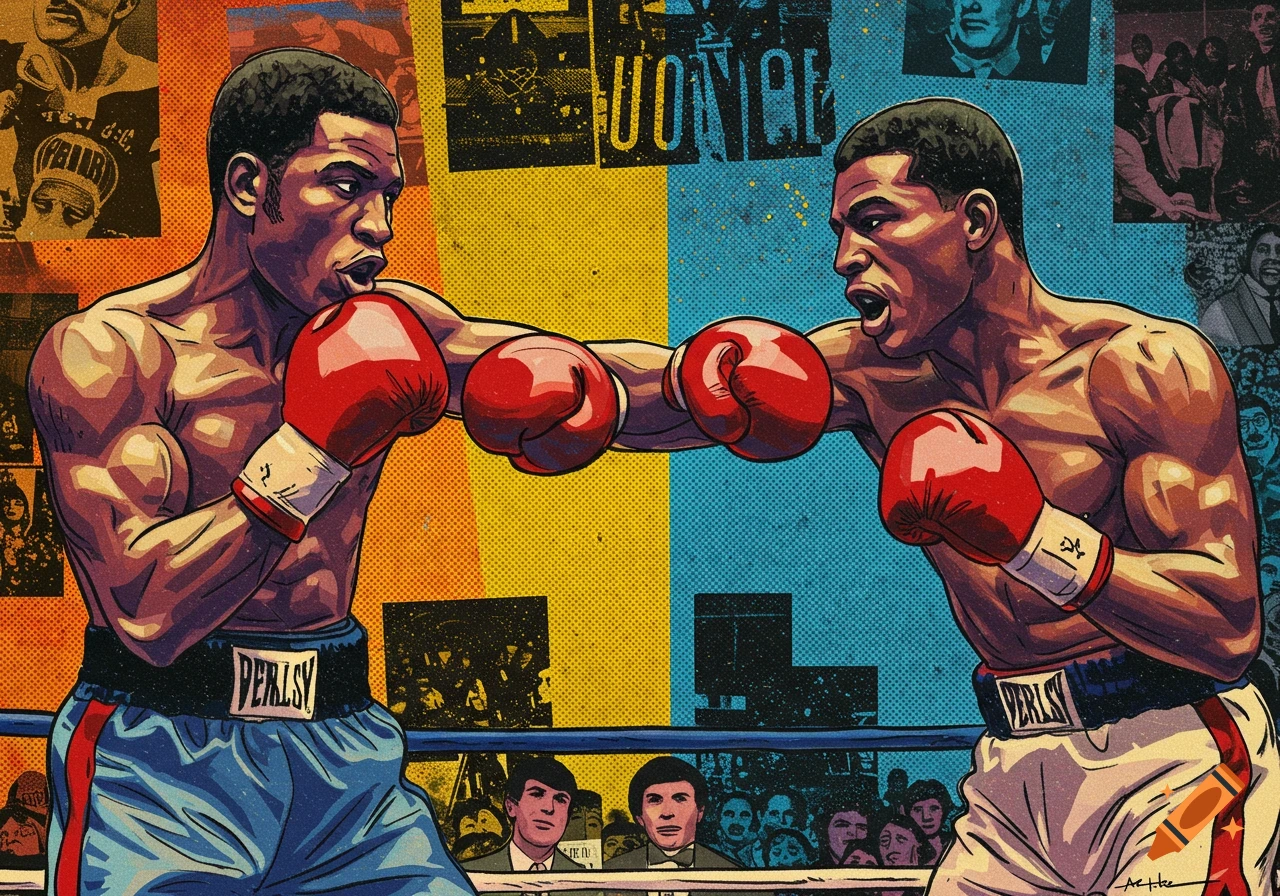 Pop art illustration of two boxers fighting in a ring, with a yellow and blue split background.