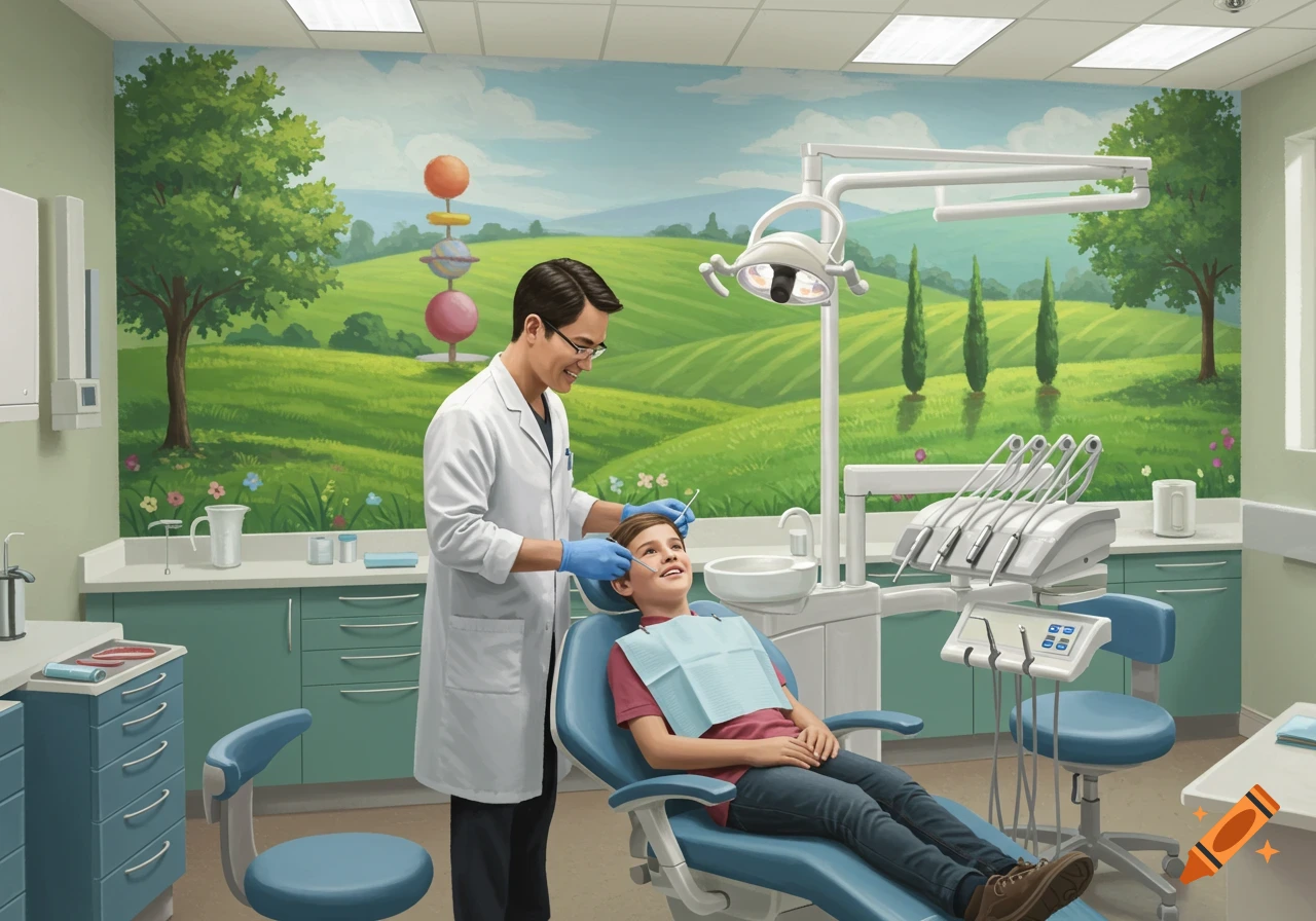 A male dentist in a white lab coat examines a smiling child patient in a dental chair, against a mural of green hills.