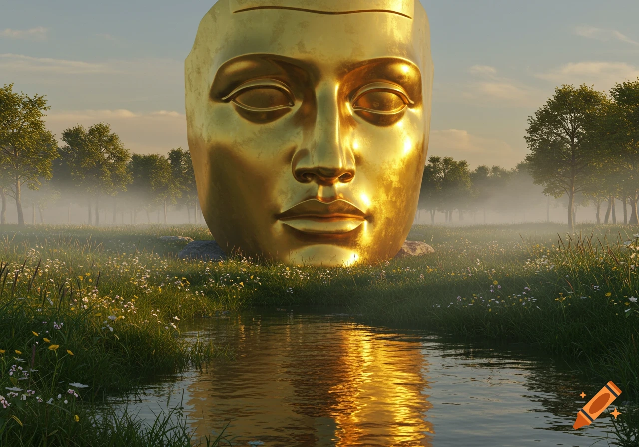 A giant golden face statue sits in a misty meadow with a reflective stream and trees under a hazy sky.