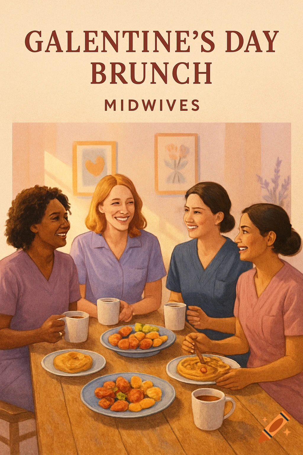 Four smiling diverse women in uniforms (midwives) share brunch at a table, in a warm, illustrated style.