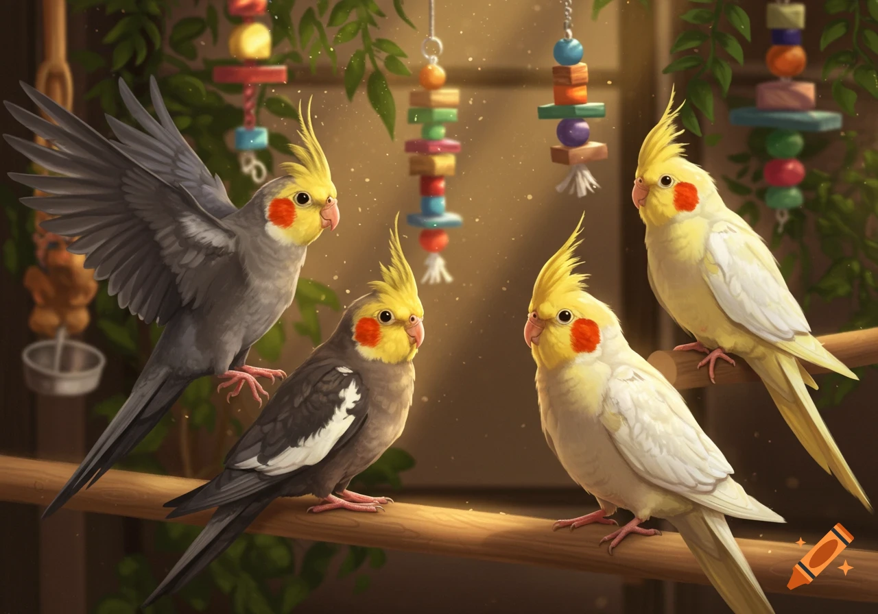 Four cockatiels, two grey and two yellow, perch on a wooden branch amidst colorful bird toys and green leaves.