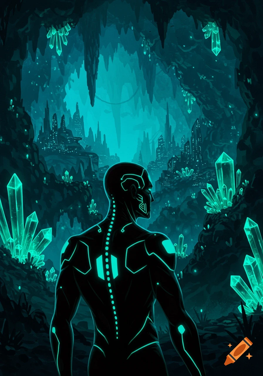 A cybernetic figure stands in a luminous crystal cave, looking at a glowing futuristic city in the distance, in a sci-fi art style.